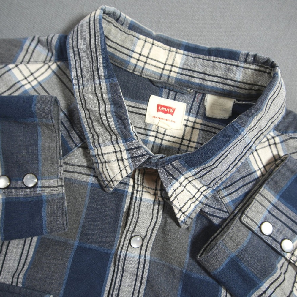 Levi's Western Cowboy Plaid Pearl Snap Ranch Men's Shirt XXL Country Retro Blue